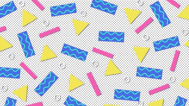 Retro abstract 80's 90's design pattern background. Memphis style with geometrical shapes of different vintage colors. Seamless 4k pop art design.