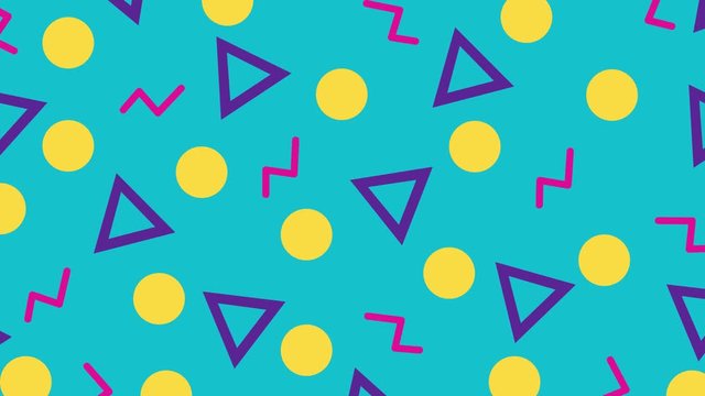 Retro abstract 80's 90's design pattern background. Memphis style with geometrical shapes of different vintage colors. Seamless 4k pop art design.