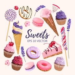 Set of delicious fruit sweets and desserts