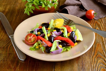 Fried salad with black beans, corn, sweet pepper and red onion
