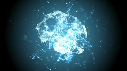 Artificial intelligence concept: plexus lines, dots and polygons forming a human brain. Blue abstract futuristic science and technology motion background. 3D rendering. Depth of field settings.