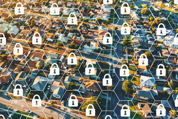 Obraz premium Cyber security concept with aerial view of a residential area of LA