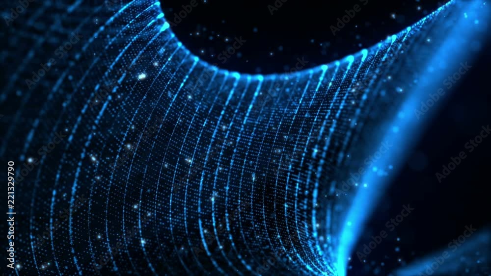 Poster Seamless loop: Fantasy blue textured abstract shape and light particles in organic motion. Technology, science and engineering motion background. Depth of field settings. 3d rendering.