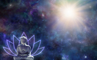 Buddhism Enlightenment Background - Buddha in seated position with a lotus flower symbol behind against a dark starry night sky with a magnificent light burst in the top right corner and copy space 
