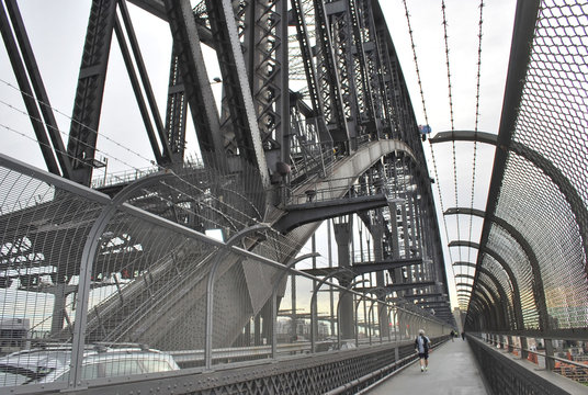 Morning Traffic And People Walking Footbridge At Sydney Harbour Bridge.