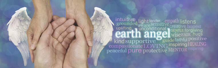 Every Carer is an Earth Angel - white angel wings either side of female hands cupped around male...