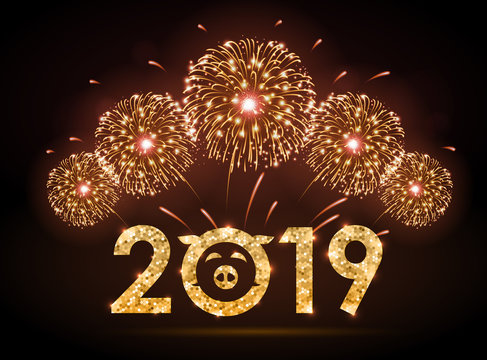 Vector holiday festival golden firework. Happy new year card 2019