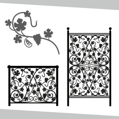 Forged modules, vine leaves ornament, vine, window grates isolated on white background