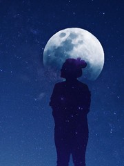 Fototapeta na wymiar The big moon with silhouette of woman over dark sky background.
