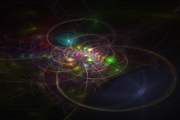 Abstrct Digital Artwork. The theme of the cosmos and the universe. A distant galaxy against the background of dark space. Technologies of fractal graphics.