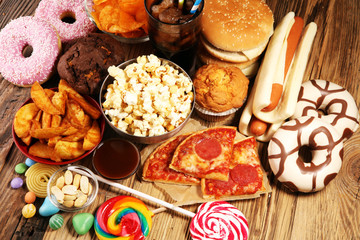Unhealthy products. food bad for figure, skin, heart and teeth.
