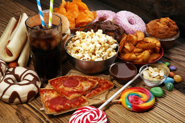 Unhealthy products. food bad for figure, skin, heart and teeth.
