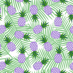 purple pineapple with triangles geometric fruit summer tropical exotic hawaii sweet pattern on a light green palm leaves background seamless vector