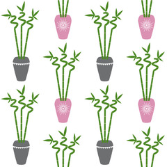 Naklejka na ściany i meble green bamboo branch with leaves in pink and gray pots boho style on a white background seamless pattern home plant asia tropical zen vector