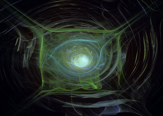 Abstrct Digital Artwork. The theme of the cosmos and the universe. The origin of life in interstellar space against the background of dark space. Technologies of fractal graphics.