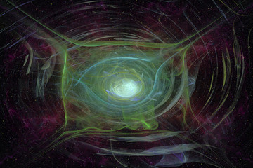 Abstrct Digital Artwork. The theme of the cosmos and the universe. The origin of life in interstellar space against the background of starry space. Technologies of fractal graphics.