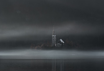 Church on Bled Island in fog