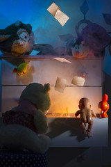 Playful room of fantasies where toys observe light and smoke coming out of the children's wardrobe, illustration of montages with images