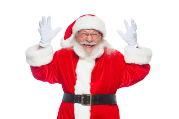 Fototapeta na wymiar Christmas. Good Santa Claus in white gloves shows faces, grimaces, shows his tongue. Not standard behavior. Isolated on white background.