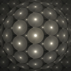 Abstrct Background. Glowing air balloons and a large sphere. Symmetrical pattern. Digital Art. Technologies of fractal graphics. Black and white.