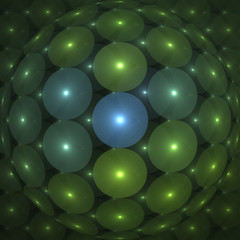 Abstrct Background. Glowing air balloons and a large sphere. Symmetrical pattern. Digital Art. Technologies of fractal graphics.