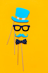 accessories made of paper, hats, glasses, masks, crowns, lips and mustaches