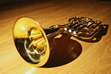 Brass tenor horn on wooden floor