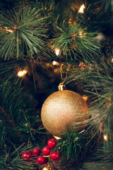 Seasonal background with Christmas toy on the tree. Celebration concept. Soft focus