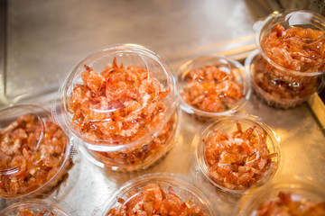 Sweet and salted prawn at street food market.