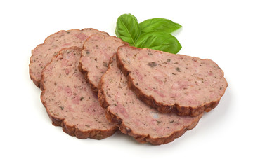 Traditional baked meatloaf slices with basil leaves, isolated on white background.