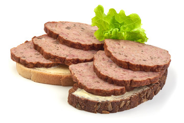Traditional baked meatloaf slices sandwich, isolated on white background.