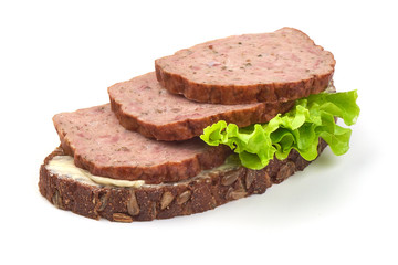 Traditional baked meatloaf slices sandwich, isolated on white background.