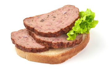 Traditional baked meatloaf slices sandwich, isolated on white background.