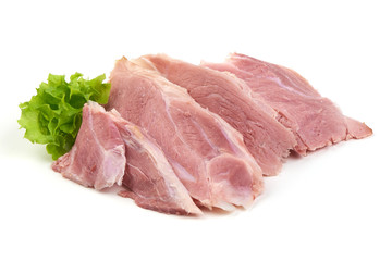 Sliced Italian prosciutto crudo or jamon. Smoked Pork ham, isolated on white background.