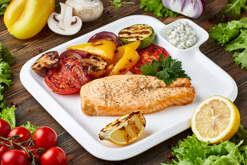 salmon steak with vegetables