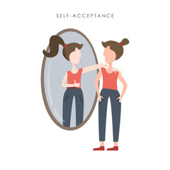 Vector illustration of self acceptance. Young woman watching at her reflection in the mirror