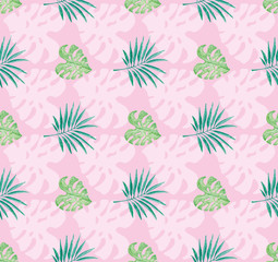 Fototapeta na wymiar Tropical pattern with pink background and watercolor painted monstera leaves and palm