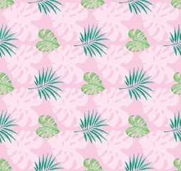  Tropical pattern with pink background and watercolor painted monstera leaves and palm © justesfir
