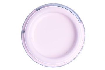 Can lid with pink paint isolated on white background, top view