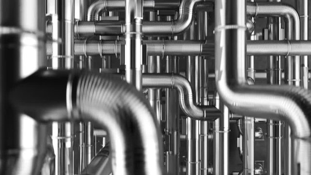 Loopable maze of clean pipes tangled together. Construction steel plumbing