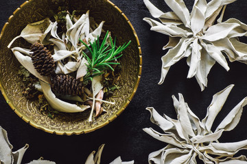 Bowl of Mixed Herbs and White Sage