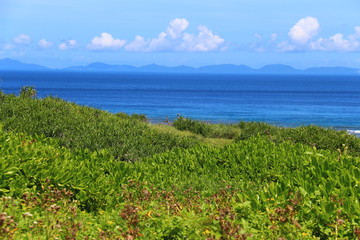 Scenic green hill with ocean and bright blue sky