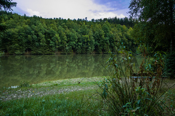 Grüne Bäume, eine Bank und ein blauer Himmel am Rösper Weiher