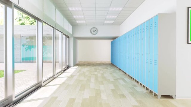 School hallway with row of lockers, posters on wall with track green screen