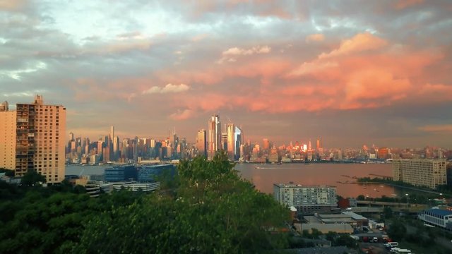 Aerial shot revealing dramatic view of New York City 4K