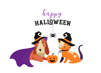 6306895 Happy Halloween - cats and dogs in monsters costumes, Halloween party. Vector illustration, banner, elements set