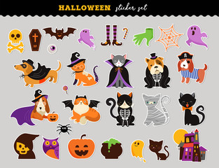 Happy Halloween - stickers set of cats and dogs in monsters costumes, Halloween party. Vector illustration, banner, elements set