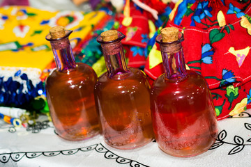  Set of Empty colorful bottles in view