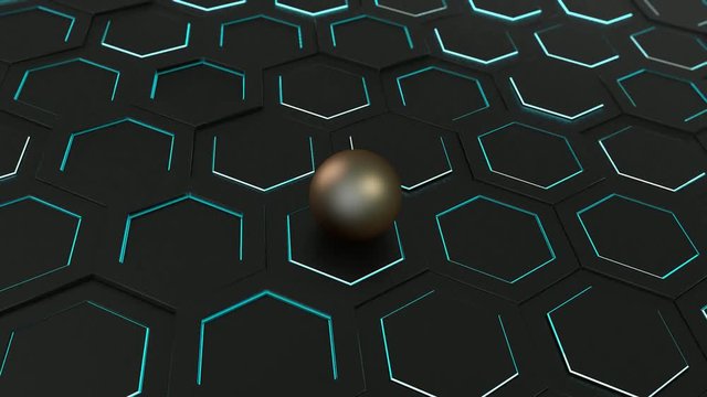 3D animation of a ball which rolls on hexagons.
