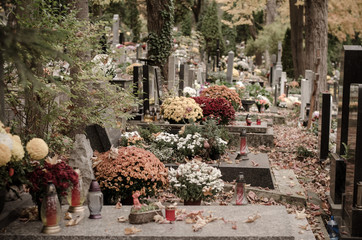 cemetery decorated at All Saints Day time